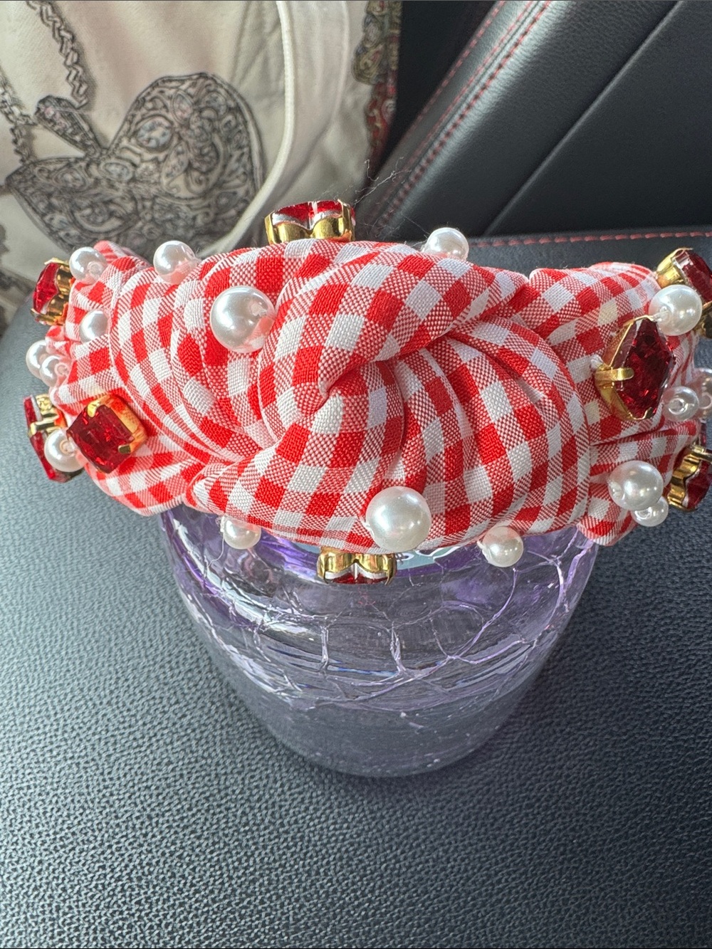 Brianna Cannon Red Gingham Pearl & Jewel Knotted Headband